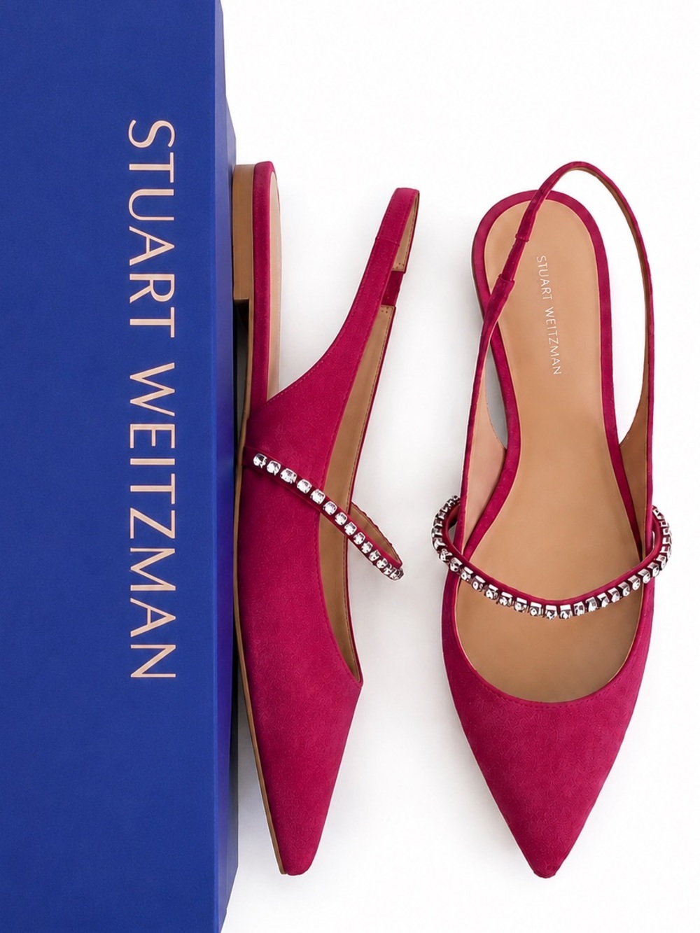 Stuart Weitzman • “Crystalline” Slingback Suede Flats with Rhinestone Strap